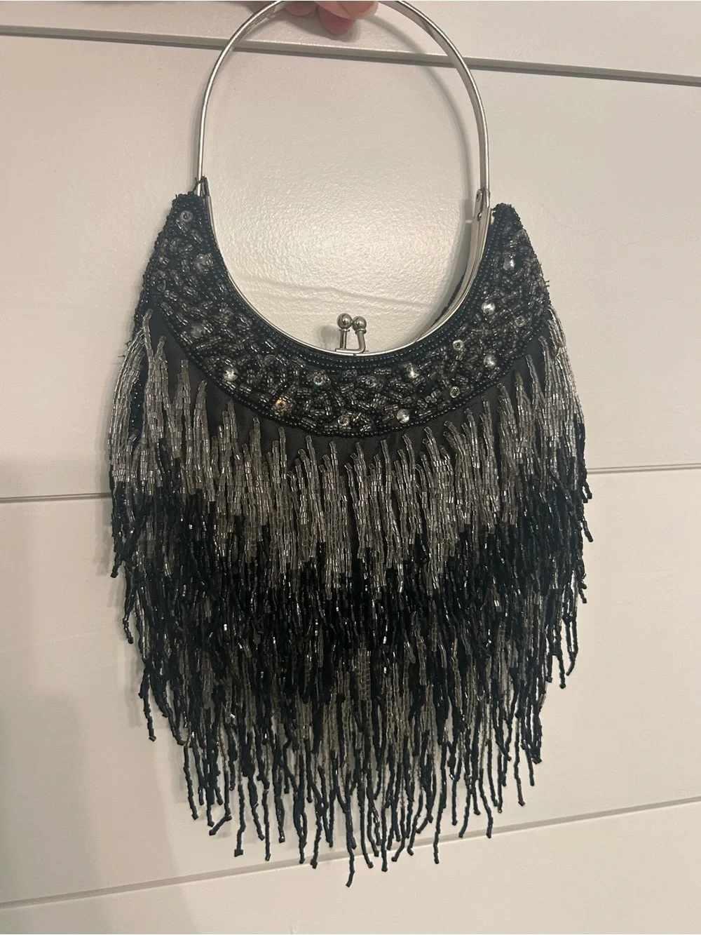 Vintage Style Beaded Fringe Evening Handbag - Black and Silver